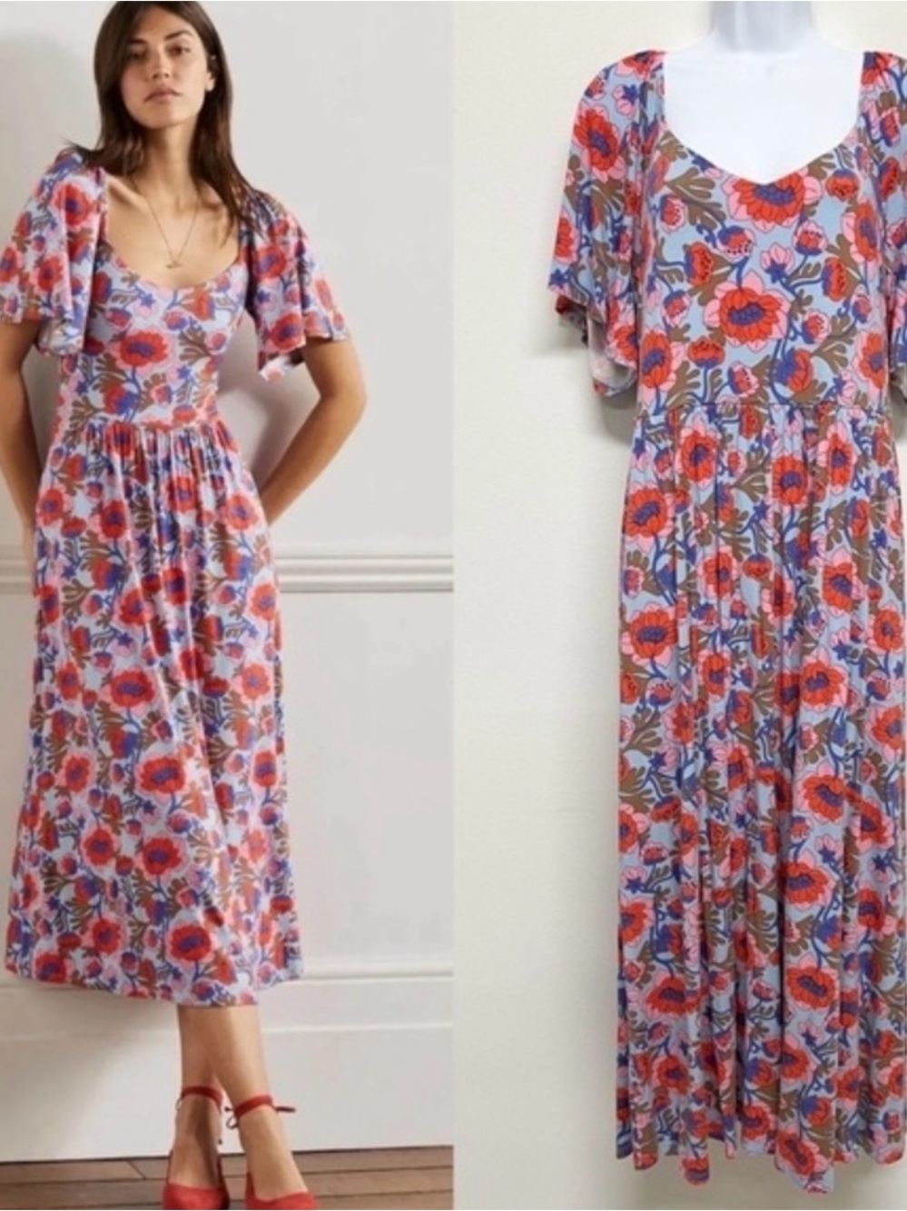 Boden Lavender Midi Dress with Red Floral Print